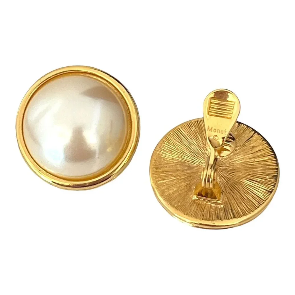 Vintage 1980s Monet Clip Earrings Gold Tone Faux Pearl - 1E